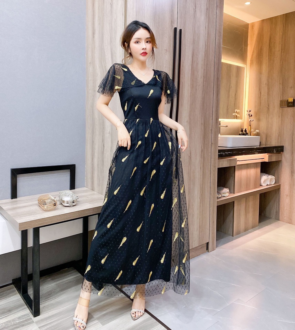 Retro embroidery boats sleeve summer long dress