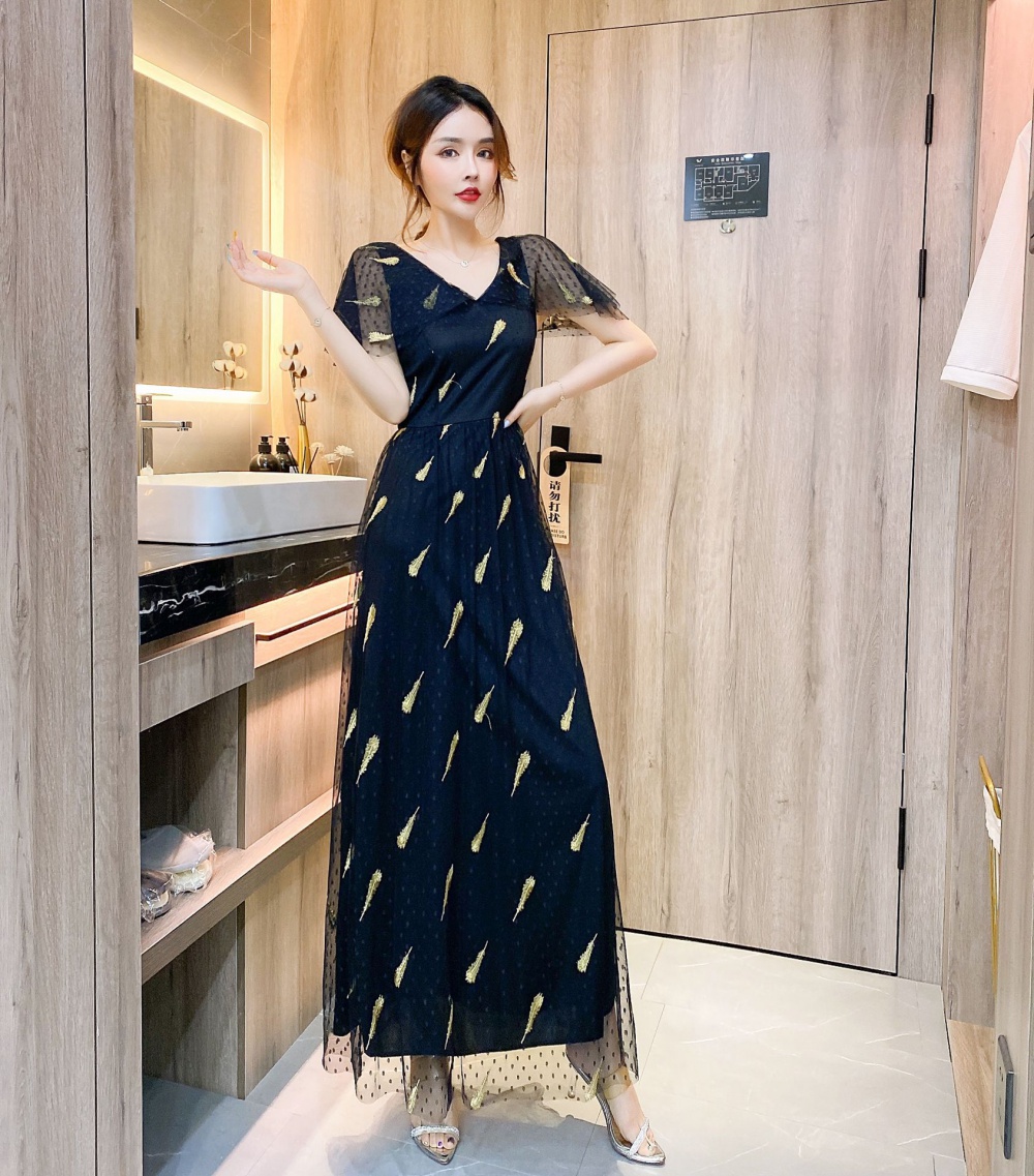 Retro embroidery boats sleeve summer long dress