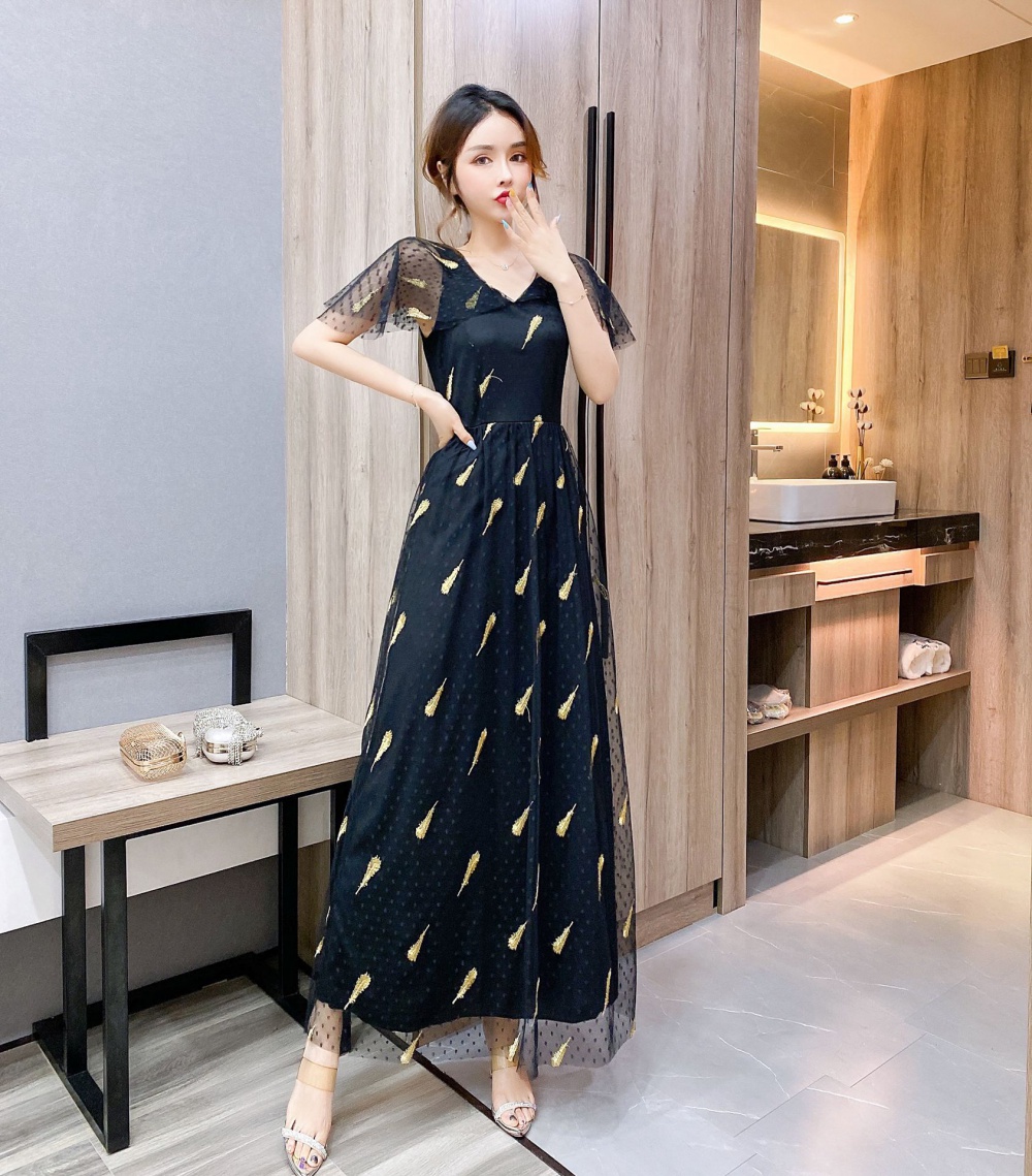 Retro embroidery boats sleeve summer long dress