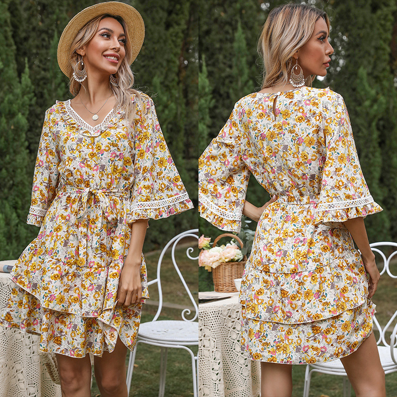 Splice floral trumpet sleeves summer lace dress for women