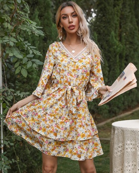 Splice floral trumpet sleeves summer lace dress for women