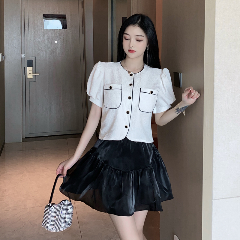 Puff sleeve puff skirt fashion and elegant tops 2pcs set