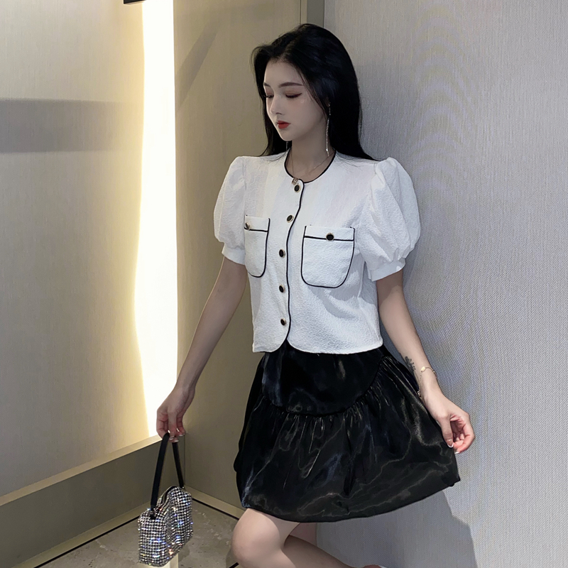 Puff sleeve puff skirt fashion and elegant tops 2pcs set