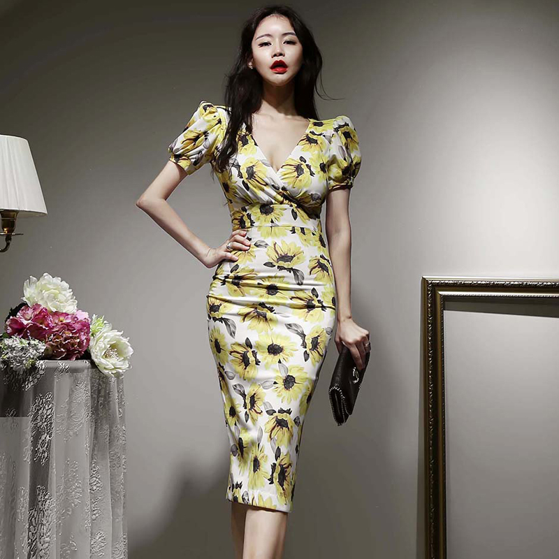Slim printing elegant summer Korean style dress