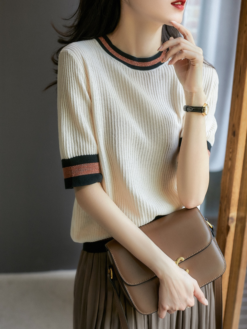 Cool knitted breathing jacquard cozy cotton T-shirt