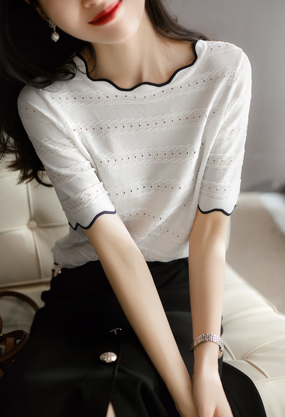 Short sleeve refreshing knitted waves T-shirt