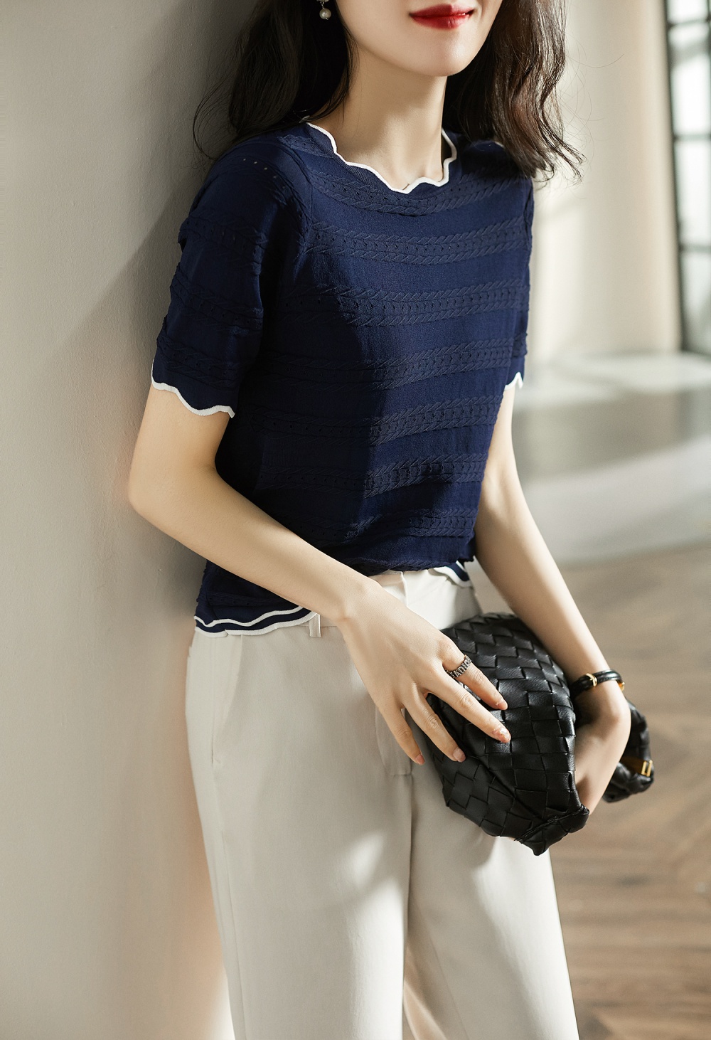 Short sleeve refreshing knitted waves T-shirt