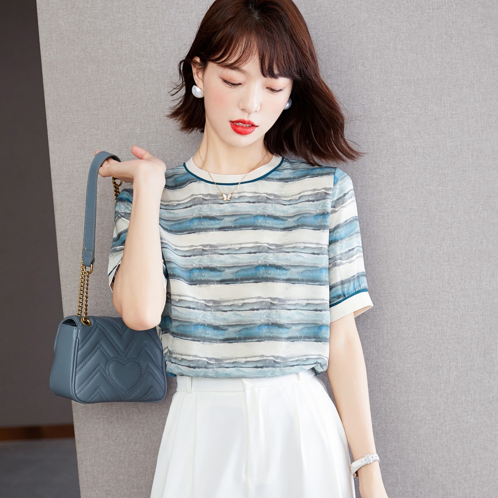 Real silk stripe small shirt short sleeve tops for women