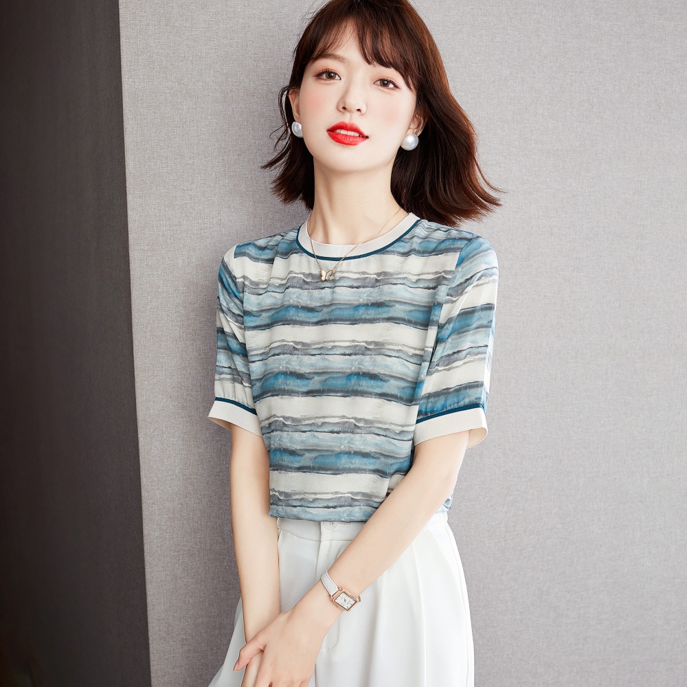 Real silk stripe small shirt short sleeve tops for women