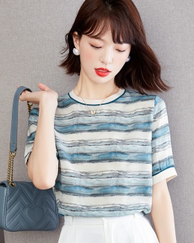 Real silk stripe small shirt short sleeve tops for women