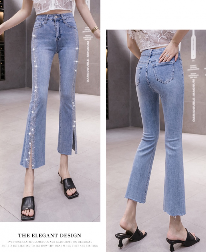 Rhinestone high waist summer jeans slim split flare pants