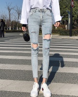Gray tight holes high waist slim spring feet jeans
