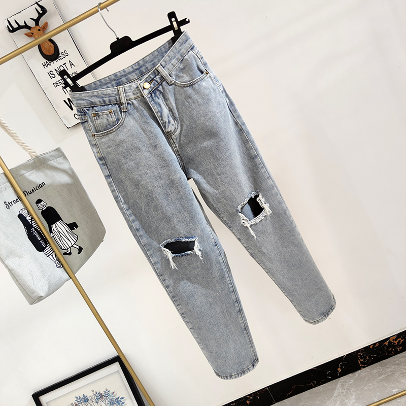 Holes straight pants beggar high waist jeans for women