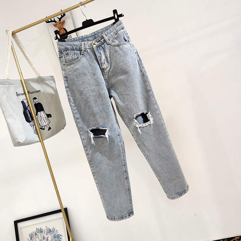 Holes straight pants beggar high waist jeans for women