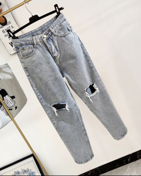 Holes straight pants beggar high waist jeans for women