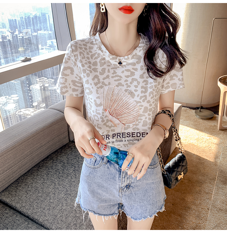 Short sleeve beading T-shirt leopard tops for women
