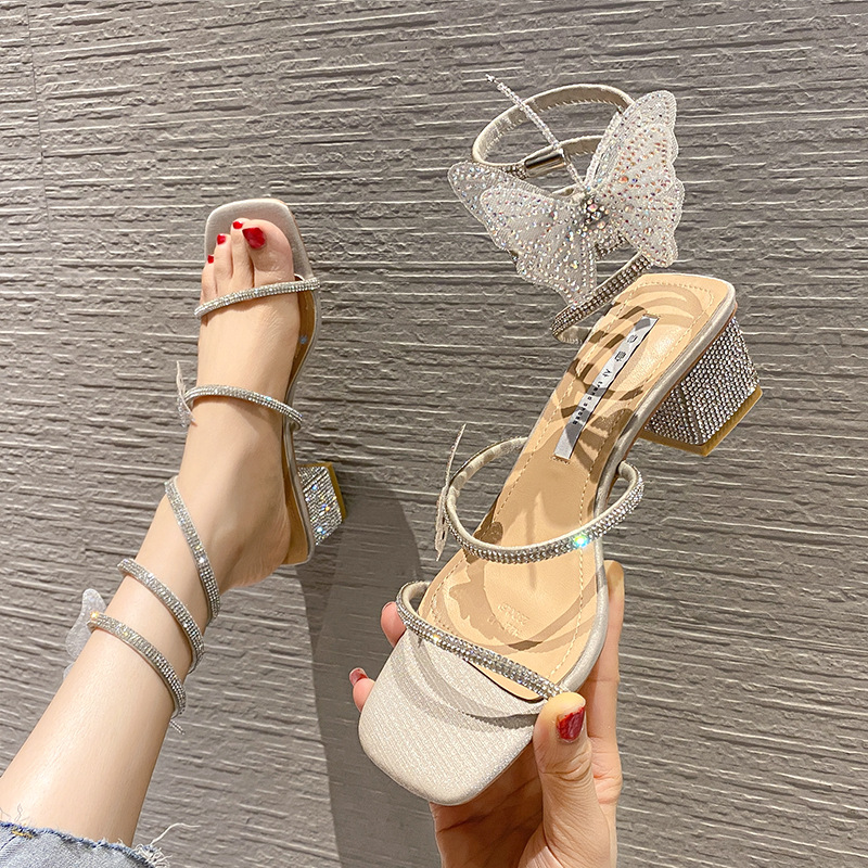 Thick rhinestone shoes bandage sandals for women