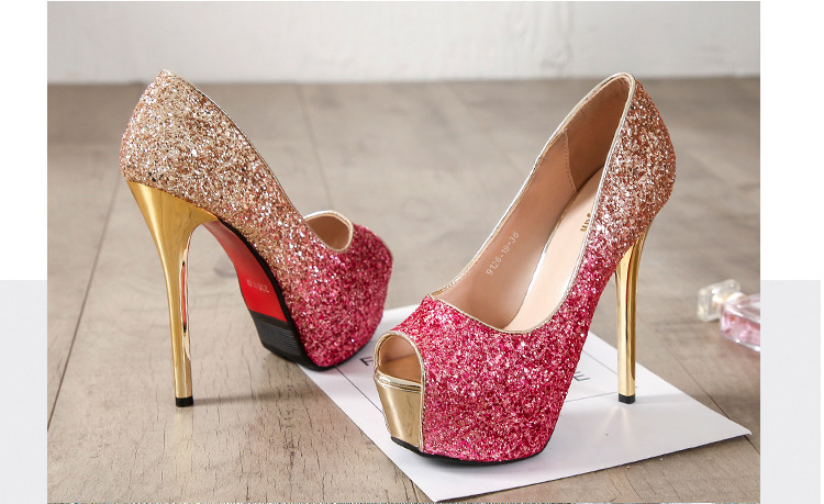 Sexy fish mouth platform sequins gradient high-heeled shoes