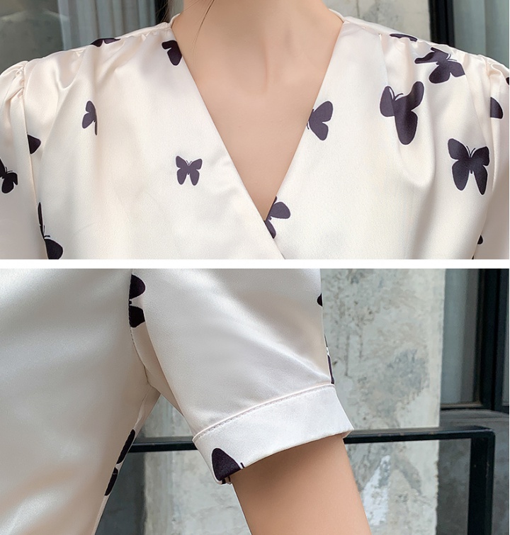 Split butterfly bubble sleeve V-neck temperament retro dress