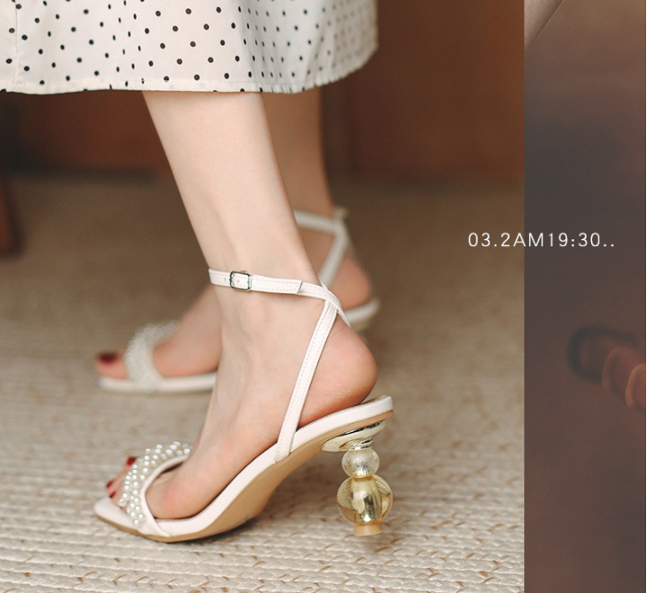 Lady fine-root sexy sandals pearl middle-heel shoes for women
