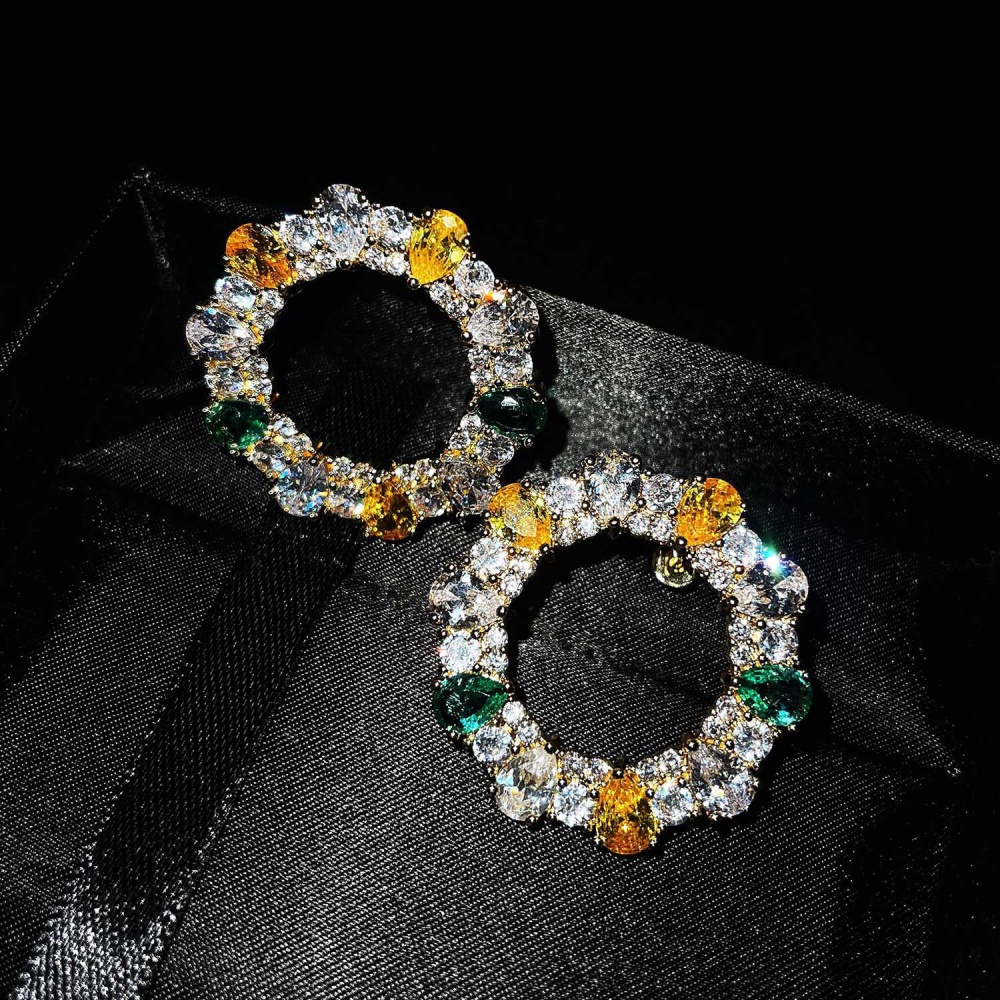 Zircon diamond round ear-drop shiny geometry earrings
