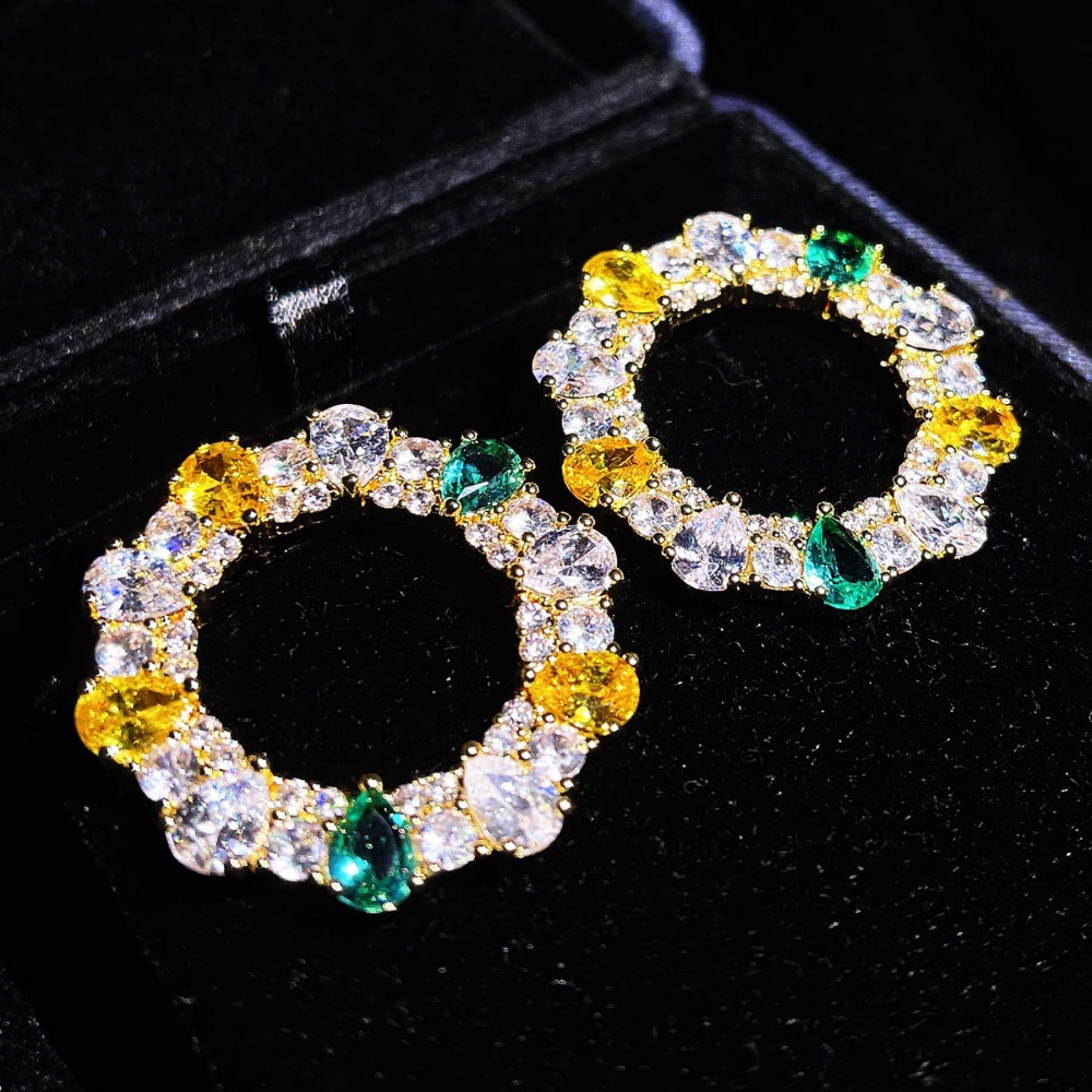 Zircon diamond round ear-drop shiny geometry earrings