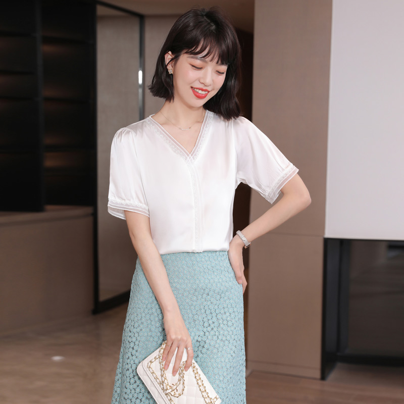 Real silk lace tops white short sleeve shirt for women