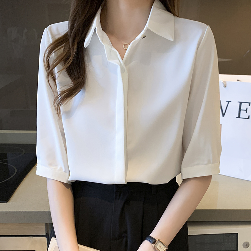 Temperament satin tops white non-ironing shirt for women