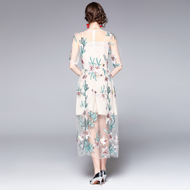 Gauze European style long embroidered high waist summer dress
