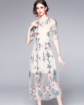 Gauze European style long embroidered high waist summer dress