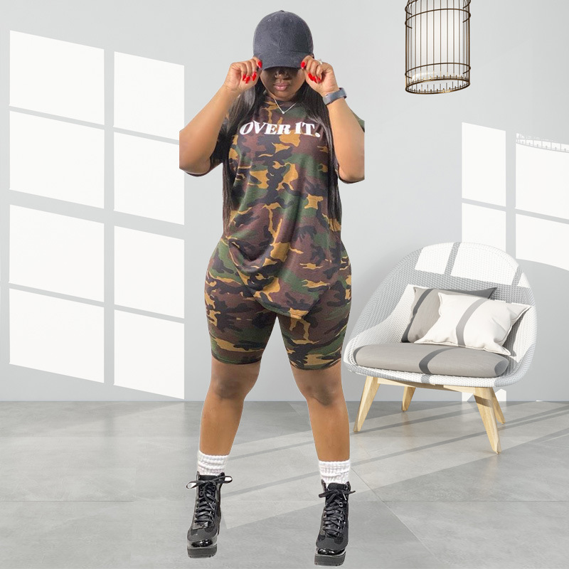 European style printing camouflage shorts 2pcs set for women