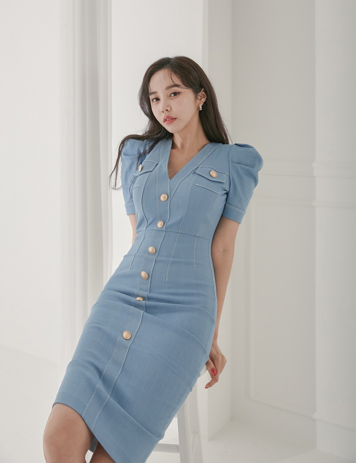 Korean style V-neck slim dress for women
