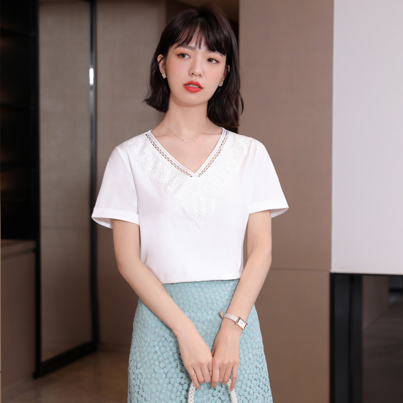V-neck short sleeve tops loose clavicle for women