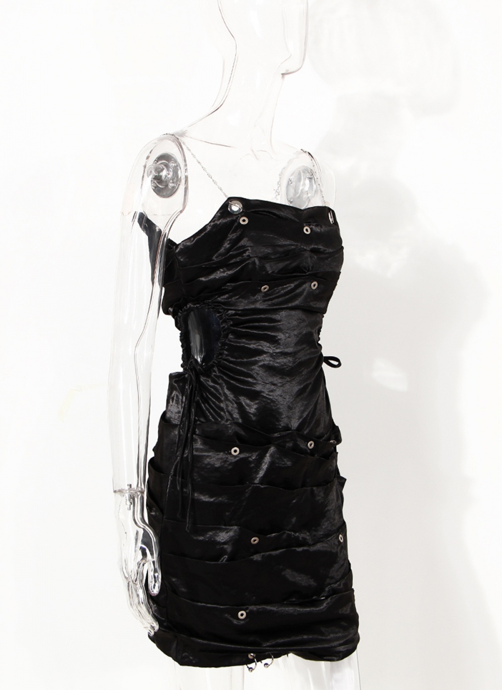 Satin black chain metal strap dress slim rivet summer dress
