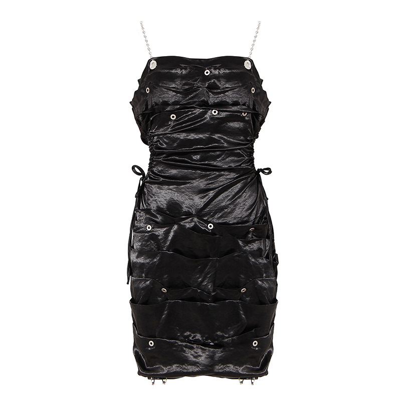 Satin black chain metal strap dress slim rivet summer dress