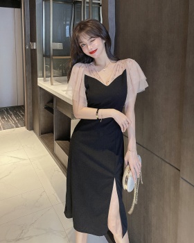 Black crystal sexy slit long curve dress for women
