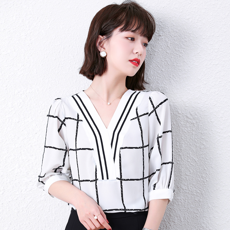 V-neck all-match chiffon shirt bubble shirt for women