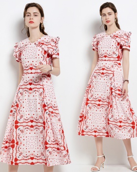 Catwalk printing dress short sleeve long dress for women