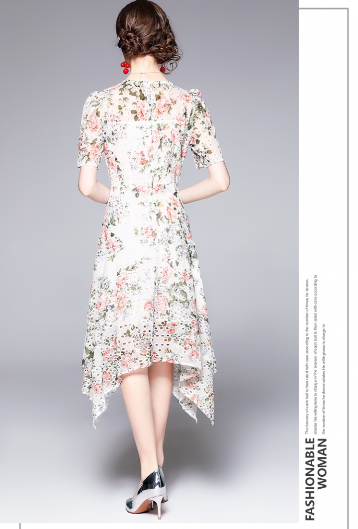Fashion short sleeve printing hollow round neck dress