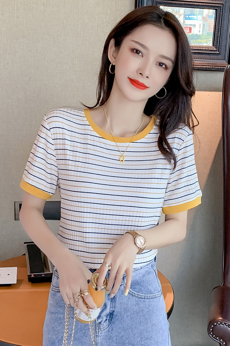 Pullover sweet stripe T-shirt mixed colors loose tops
