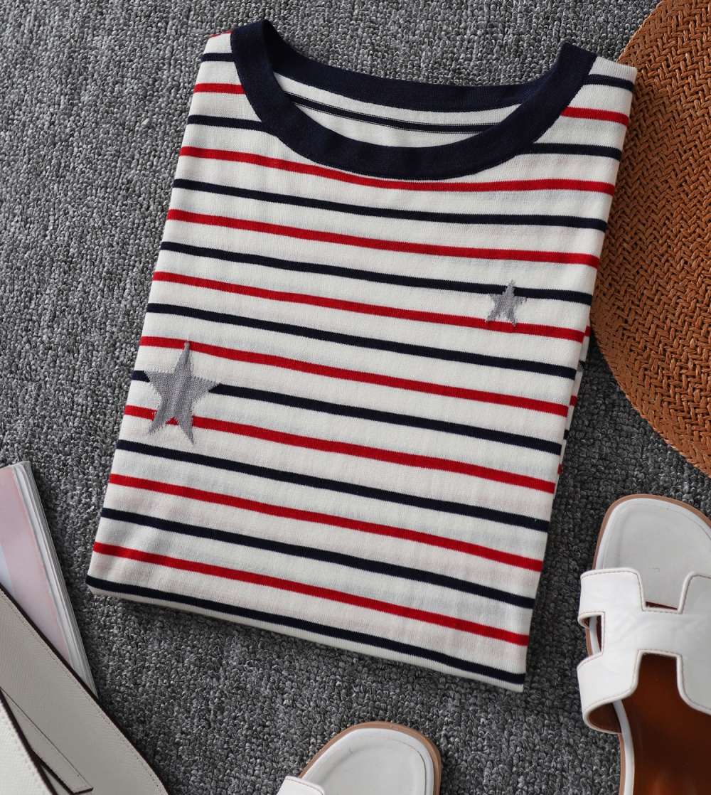 Stars temperament knitted stripe jacquard T-shirt