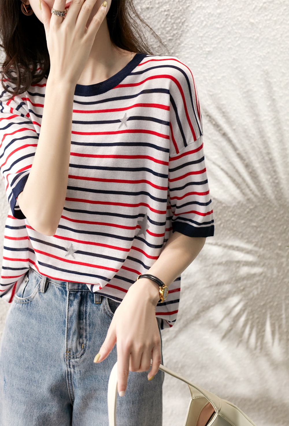 Stars temperament knitted stripe jacquard T-shirt