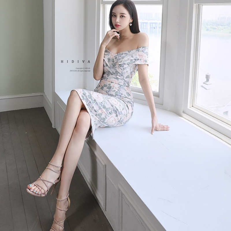 Korean style fashion sexy flat shoulder dress