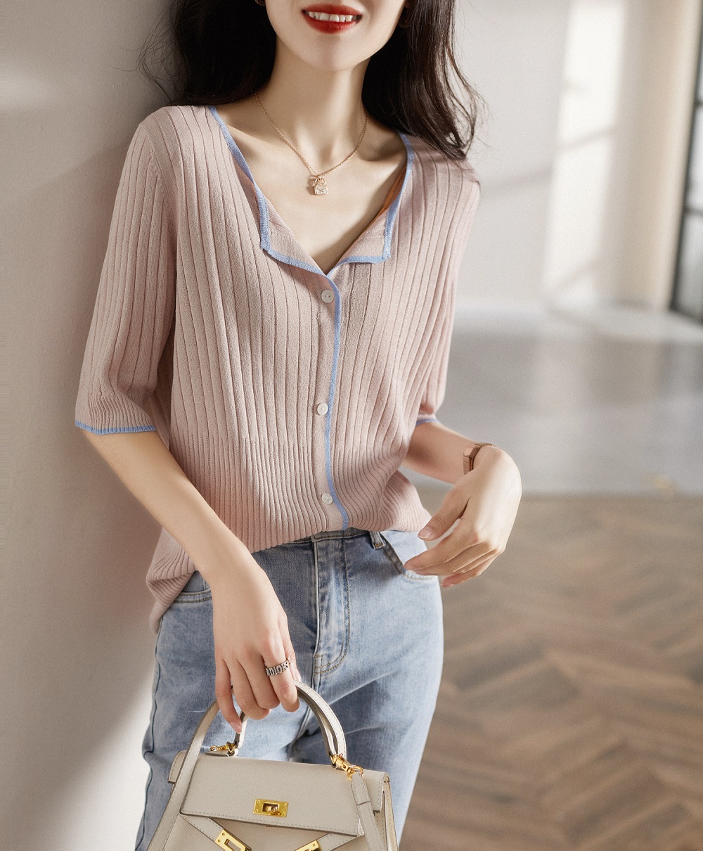 Liangsi short sleeve V-neck summer ornament sweater