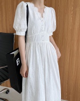 Pinched waist temperament white long dress lady V-neck dress