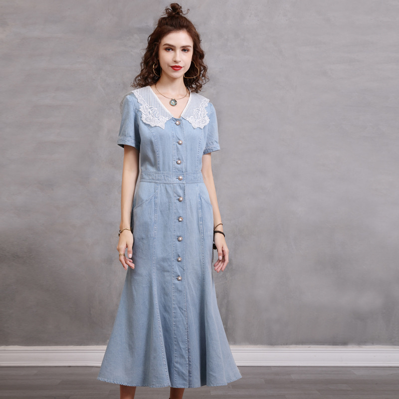 Splice denim slim long dress short sleeve retro summer dress