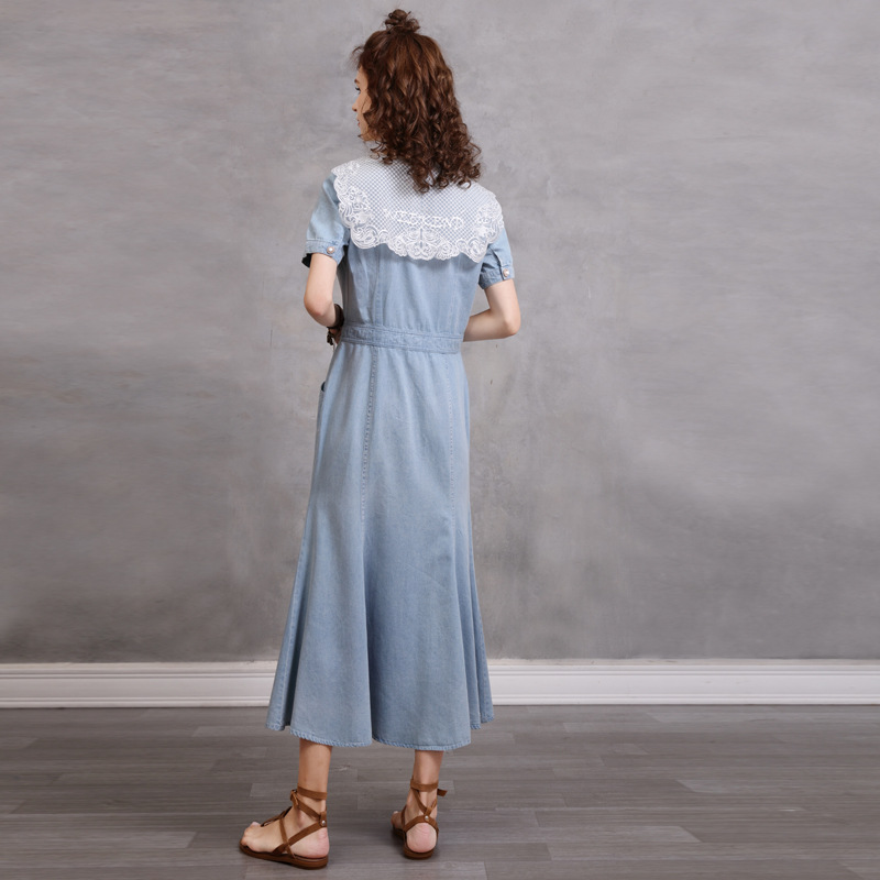 Splice denim slim long dress short sleeve retro summer dress