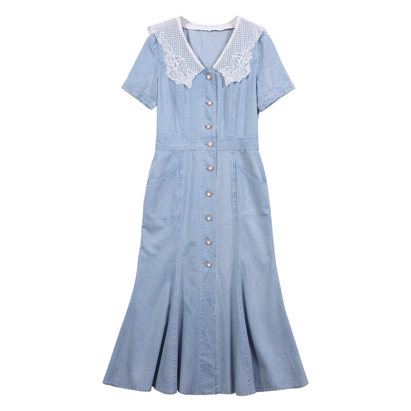 Splice denim slim long dress short sleeve retro summer dress