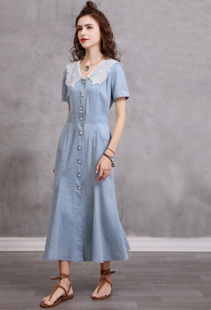 Splice denim slim long dress short sleeve retro summer dress