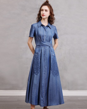 Short sleeve retro dress lapel embroidery long dress